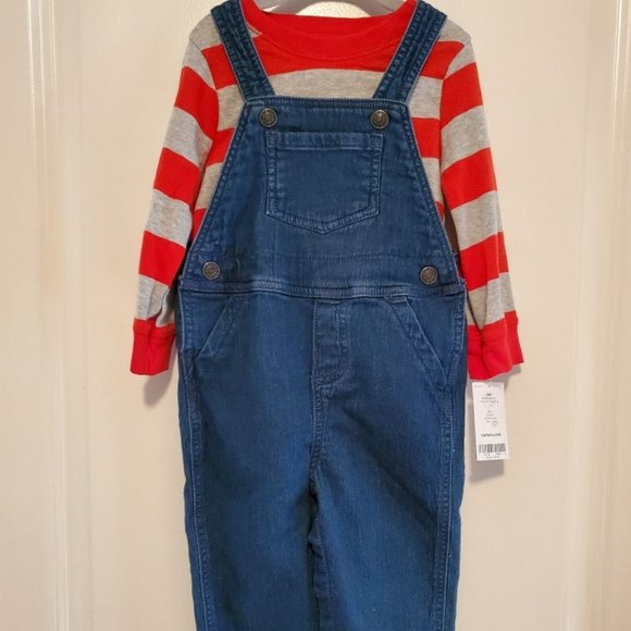 CARTER'S Baby Boy Red Striped Shirt Blue Jean Overalls Outfit 18M 18 Months NWT - Picture 1 of 2